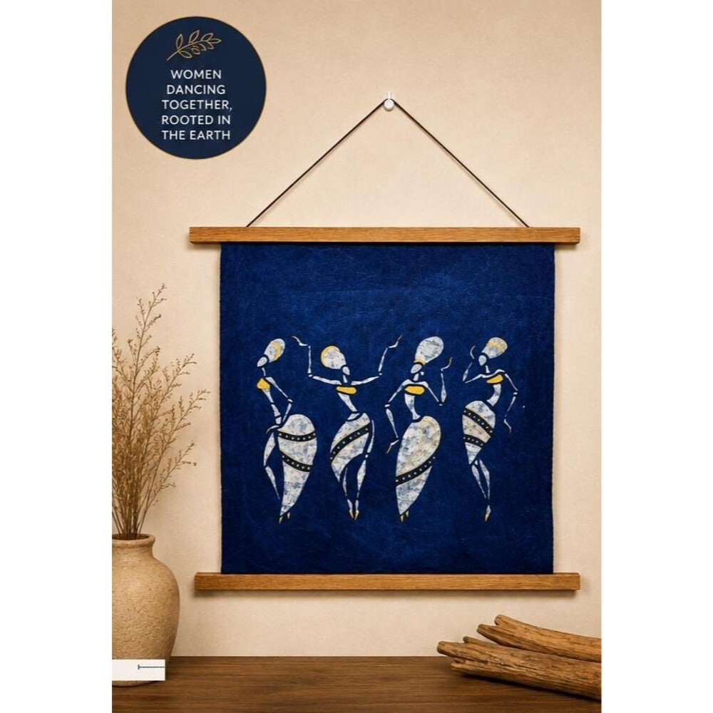 Dancing Women Wall Art, Indigo & Gold Batik Wall Hanging, Feminine Boho Decor